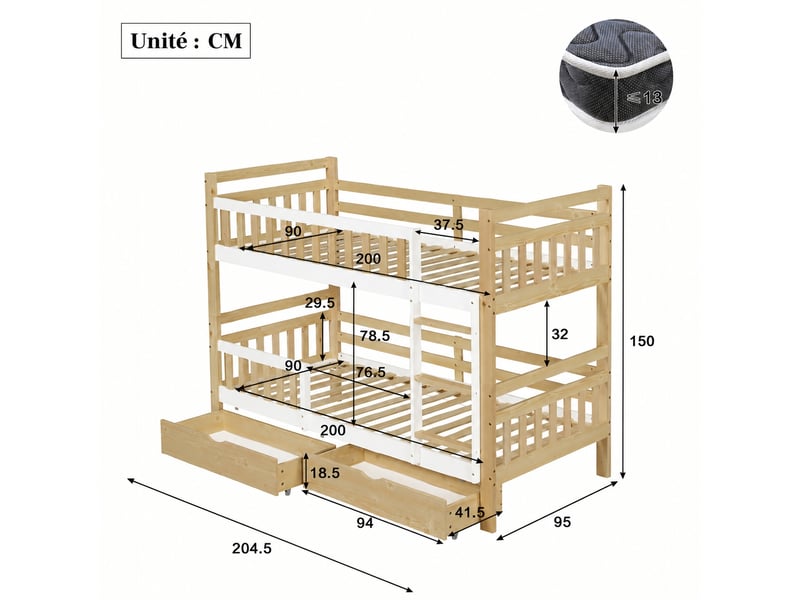 Lit superposé enfant en bois 90 x 200 cm séparable, 2 tiroirs, blanc et naturel - Conforama C