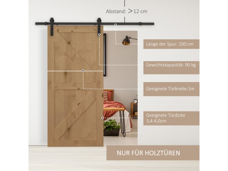  Kit de ferrure pour porte coulissante 200 cm en acier carbone noir avec rail, roulettes, butées, guide au sol et vis, système complet intérieur  - Conforama D