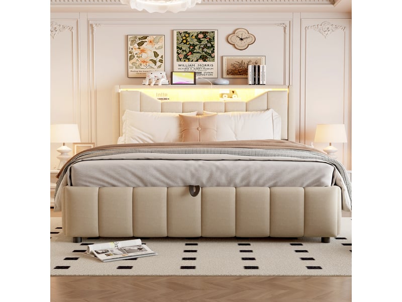  Lit coffre hydraulique 140x200 cm - lin beige - lit double avec tête de lit rembourré - bande led, usb et type-c  - Conforama B