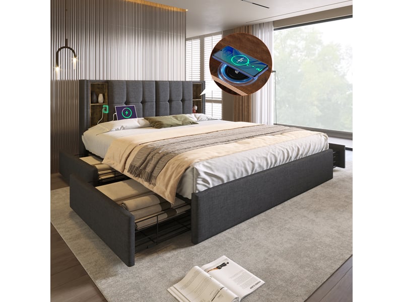  Lit rembourré, lit double 160x200 cm, 4 tiroirs, charge sans fil, usb, sommier à lattes, matelas inclus, lin gris  - Conforama D