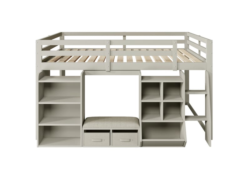 Lit surélevé pour enfant, 140 x 200 cm, avec étagères de rangement, 2 tiroirs en tissu et coussin d'assise, gris N879P000527E - Conforama A