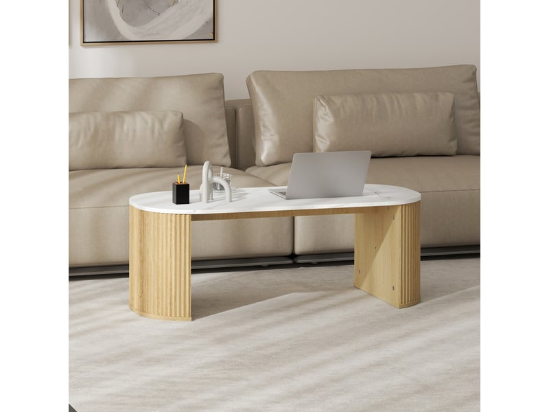  Table basse ovale, table d'appoint aspect effet marbre, coins arrondis pieds épais, blanc, 110 x 50 x 40 cm  - Conforama W