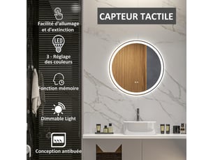 Miroir rond lumineux led de salle de bain  60 cm mural avec éclairage 3 couleurs tactile interrupteur 29w blanc argent