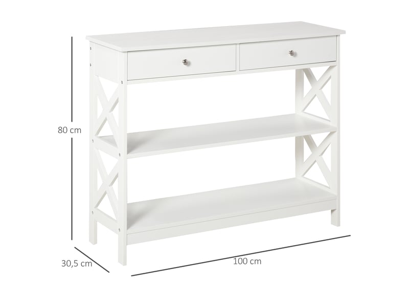  Console d'entrée avec 2 tiroirs et 2 étagères basses, meuble moderne avec piètement anti-basculement surélevé, 100 x 30,5 x 80 cm, blanche  - Conforama E