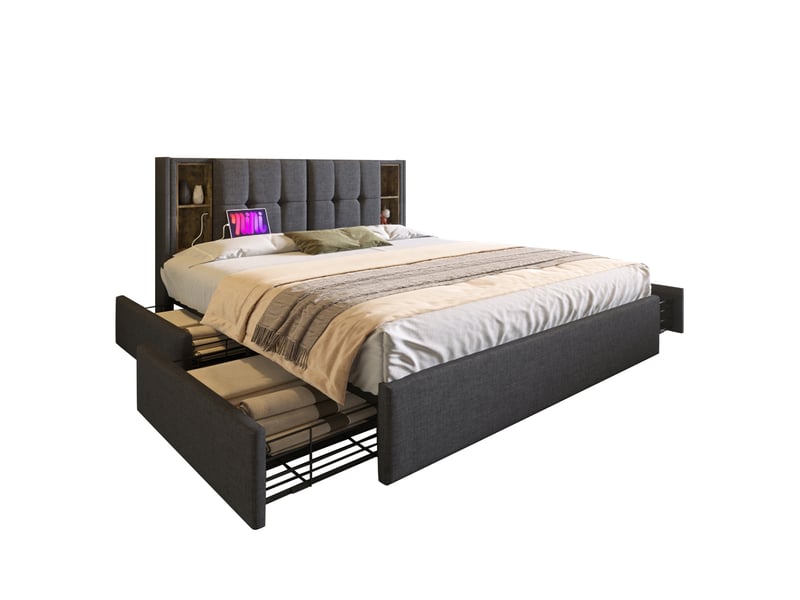  Lit double 160 x 200 cm gris en lin avec 4 tiroirs, chargement sans fil, usb et usb-c  - Conforama A