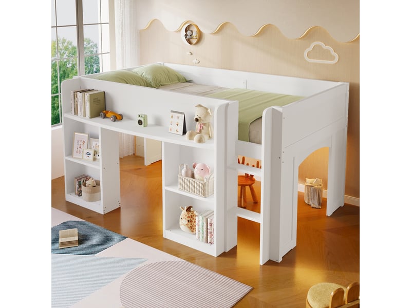 Lit mi-hauteur enfant 90x200cm, bibliothèque intégrée, étagères ouvertes, led multicolore, espace de jeu, mdf et pin - blanc - Conforama E