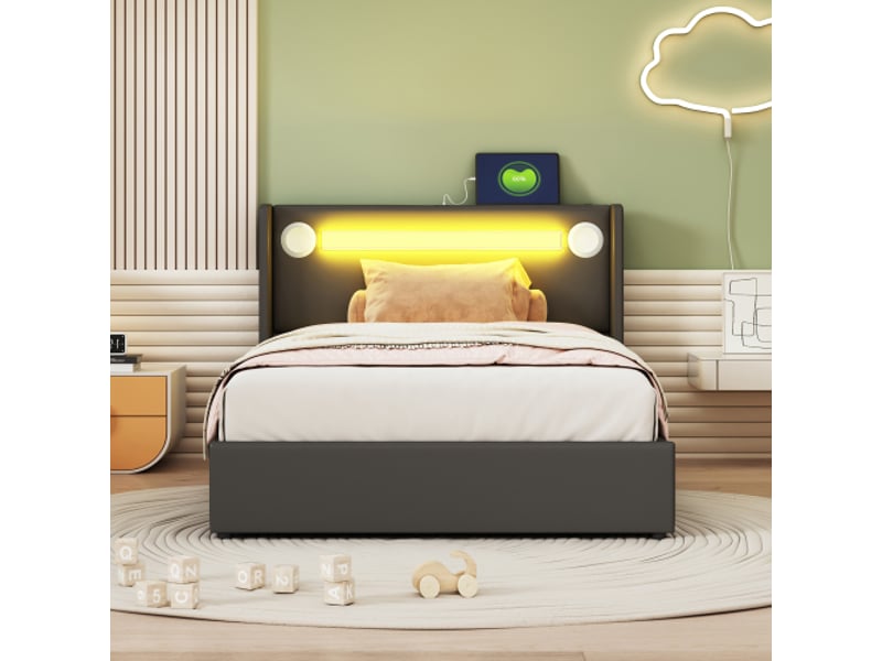  Lit coffre 90x200 cm, lit enfant avec éclairage led, lecteur bluetooth et usb, en cuir pu noir, sans matelas  - Conforama C
