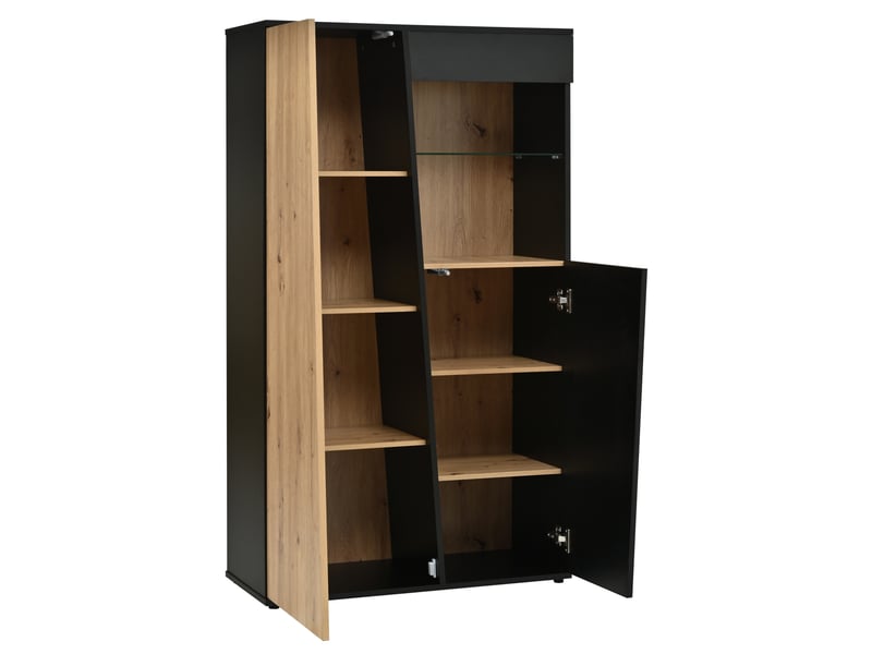  Vitrine avec led, portes en bois, paroi de verre, étagères réglables, multiple espaces de rangement, vitrine de collection haute pour salon, bureau, entrée, noir + bois, 80x35x139.5cm  - Conforama D