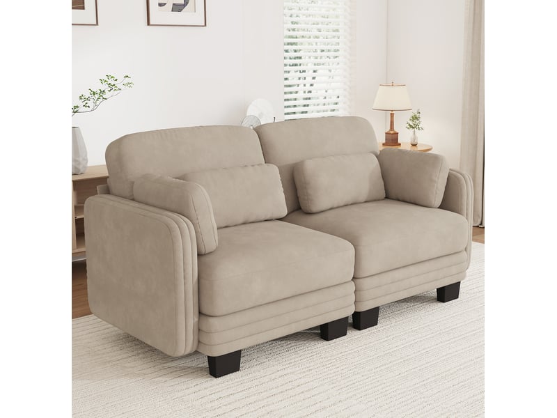  Canapé modulable 2 places 176x88x88 cm, coussins lombaires et accoudoirs, chenille, structure bois, café clair  - Conforama B