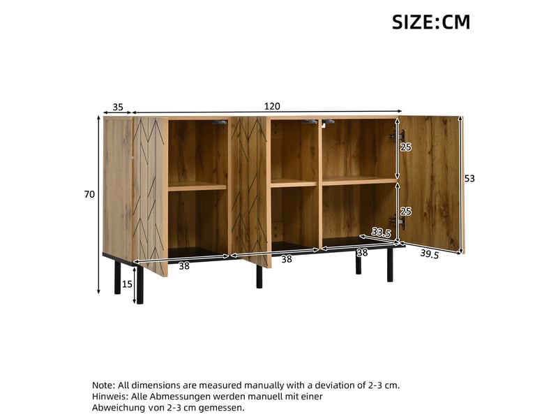 Buffet 120x35x70 cm, 3 portes motif ondulé, bahut de rangement, salon, séjour, panneau de particules et métal, naturel - Conforama C