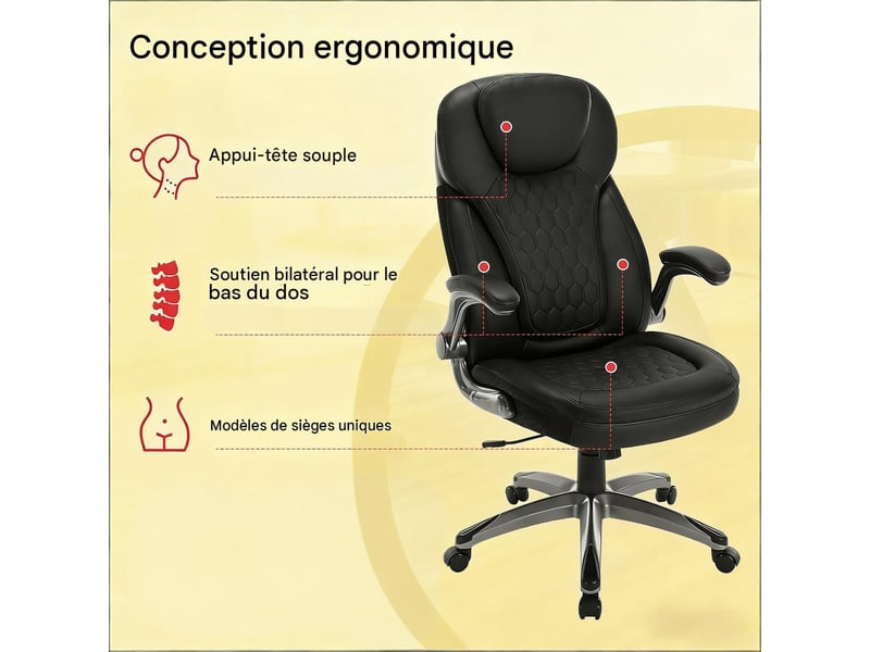  Fauteuil de bureau dossier haut accoudoirs rabattables pu et maille noir T5828P492762 - Conforama D