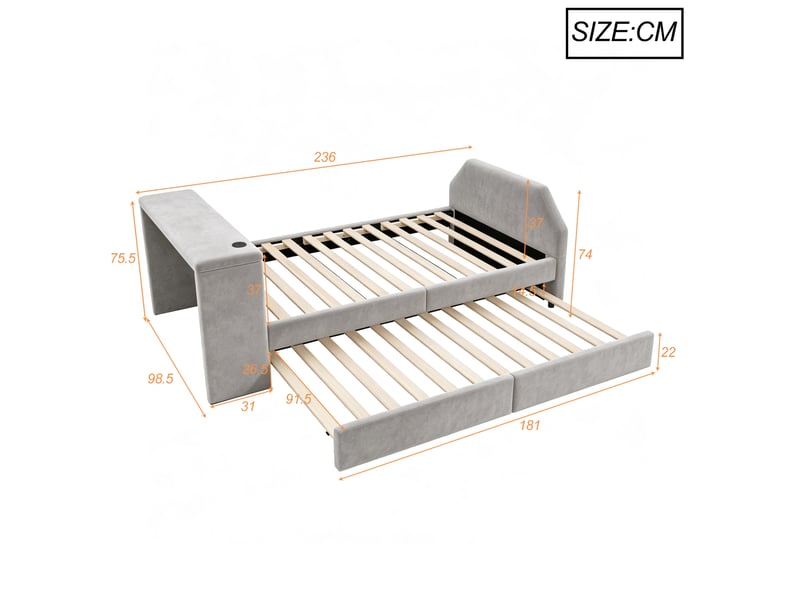  Lit enfant 90x200 cm avec bureau, port usb et lit gigogne, velours gris  - Conforama E