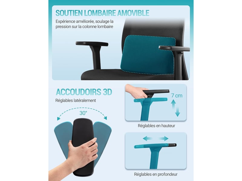  Chaise de bureau ergonomique, avec support lombaire et accoudoir réglable, appui-tête 3d réglable  - Conforama D