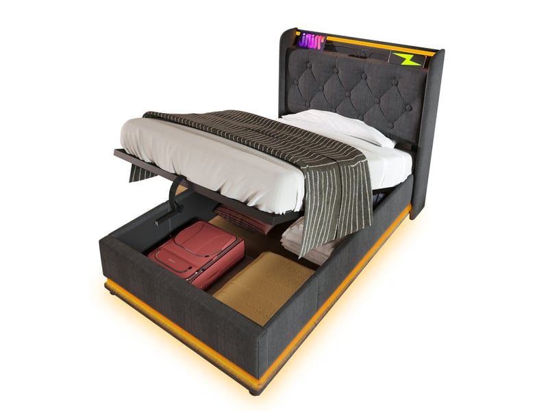  Lit rembourré 90 × 200 cm 1 place avec rangement hydraulique, led 360°, usb et type-c, matelas inclus, gris  - Conforama A