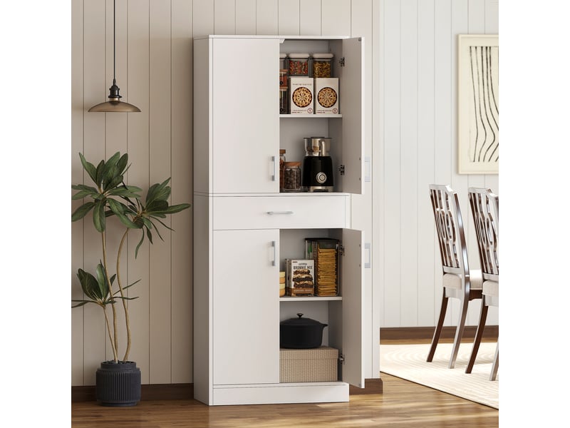  Buffet haut armoire de cuisine 4 portes 2 placards et 1 tiroir central hauteur 180 cm avec 2 réglables étagères blanc  - Conforama D