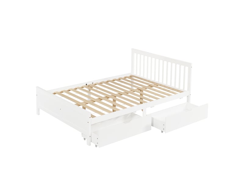  Lit en bois blanc 140x200 cm avec 2 tiroirs de rangement, tête à lattes et cadre en pin  - Conforama A