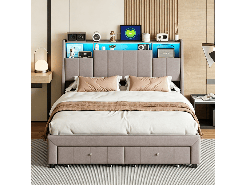  Lit 140x190 cm - 240813sm - led réglable - scandinave - lin - cadre de lit double 140x190 cm - gris  - Conforama C
