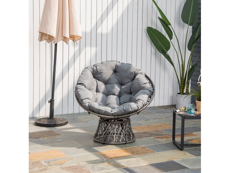  Fauteuil papasan rotatif 87 x 97 x 86 cm – gris – résine tressée, coussin épais et pied réglable en acier  - Conforama C