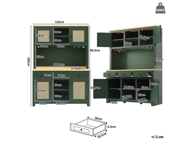 Buffet de cuisine avec portes, tiroirs, étagères réglables et led pour cuisine en mdf 120×40×180 cm vert antique - Conforama D