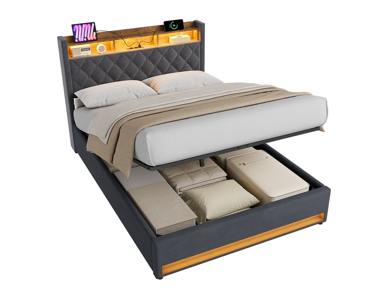  Lit rembourré en velours gris foncé 140 x 190 cm  - Conforama A