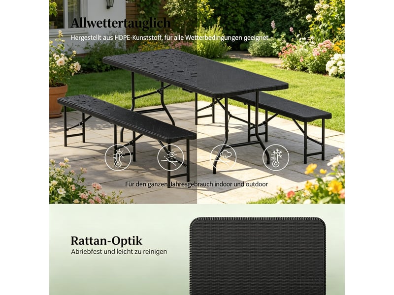  Salon de jardin pliant,180x70x74 cm,avec 1 table et 2 bancs,hdpe,noir  - Conforama D