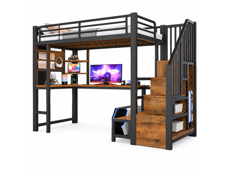  Lit mezzanine 90 x 200 cm avec bureau, usb et usb-c, panneau perforé, étagères, échelle avec rangement et led, sans matelas, mdf et métal, noir OMNIGLINT TRADING LTD - Conforama A