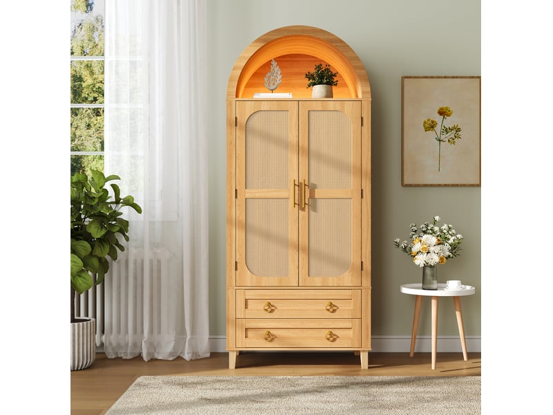  Buffet haut 76x40x179,5 cm avec niche ouverte en arc, éclairage led, 2 portes décor rotin et 2 tiroirs, en mdf, naturel  - Conforama B