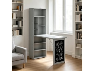 Bureau mural rabattable avec étagère et tableau noir, table murale multifonction en mdf pour petit espace, gris foncé et noir