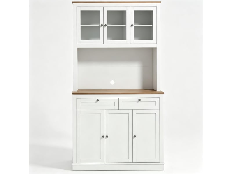  Buffet de cuisine blanc et bois clair avec 2 tiroirs, vitrines et plan de travail, rangement modulable  - Conforama A