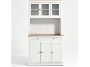 Buffet de cuisine blanc et bois clair avec 2 tiroirs, vitrines et plan de travail, rangement modulable