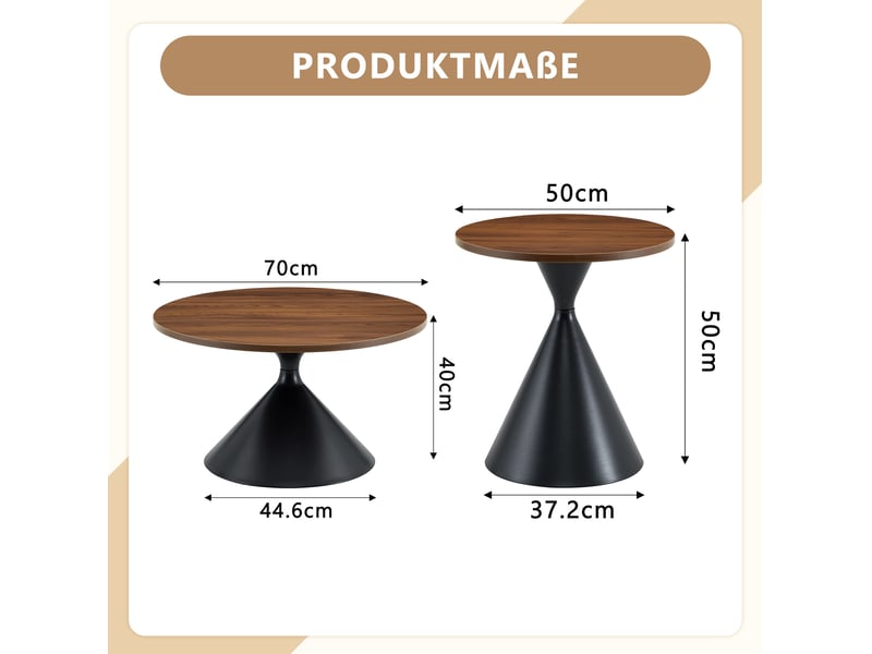  Lot de 2 tables basses gigognes 70x40+50x50 cm, empilables, gain de place, pour salon et chambre, métal, noyer et noir  - Conforama C