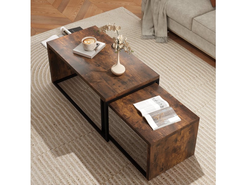  Tables basses gigognes avec 2 plateaux, en mdf et métal, noir et brun rustique, style industriel, pour salon  - Conforama D