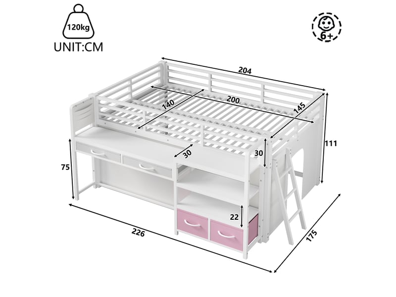  Lit mezzanine enfant 140x200cm avec bureau, lit surélevé avec tiroirs en tissu, étagères ouvertes, rideau et led multicolore, structure métal, blanc Seren Glow - Conforama C