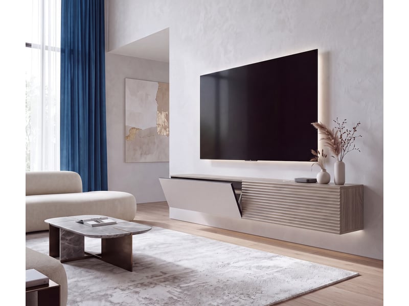  Meuble tv hwc-q84, meuble tv bas, fixation murale, compartiments rabattables, structure 3d, mdf mélaminé, 30 x 160 x 30 cm - aspect noyer clair  - Conforama B
