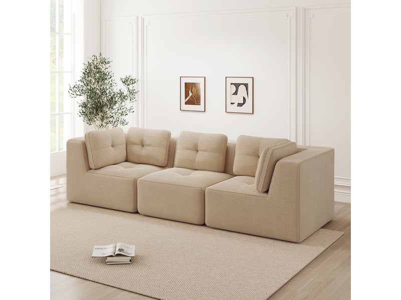  Canapé d'angle modulaire avec assise profonde, dossier souple et larges accoudoirs, en velours côtelé beige  - Conforama B