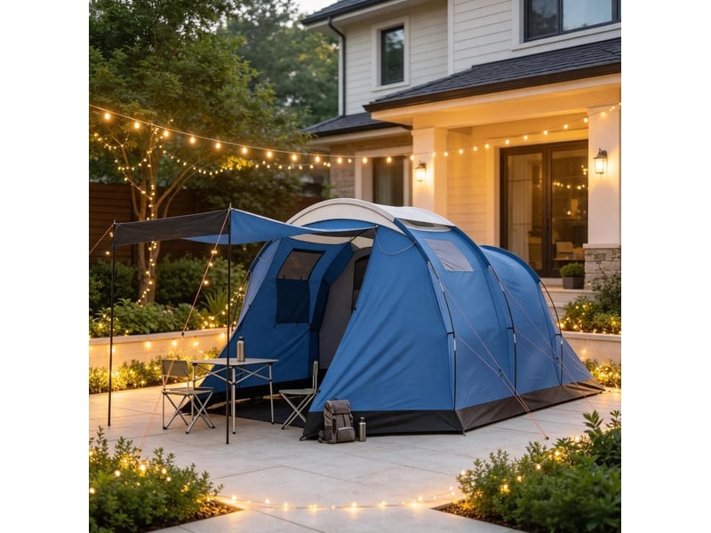  Tente tunnel 4 personnes 460 x 260 x 190 cm bleue en polyester, double paroi imperméable 3000 mm  - Conforama E