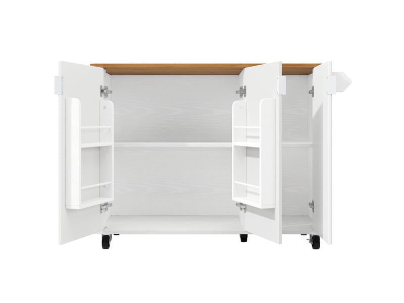  Îlot de cuisine 130x45(75)x92 cm avec 3 portes et plateau pliable, bois et blanc  - Conforama E