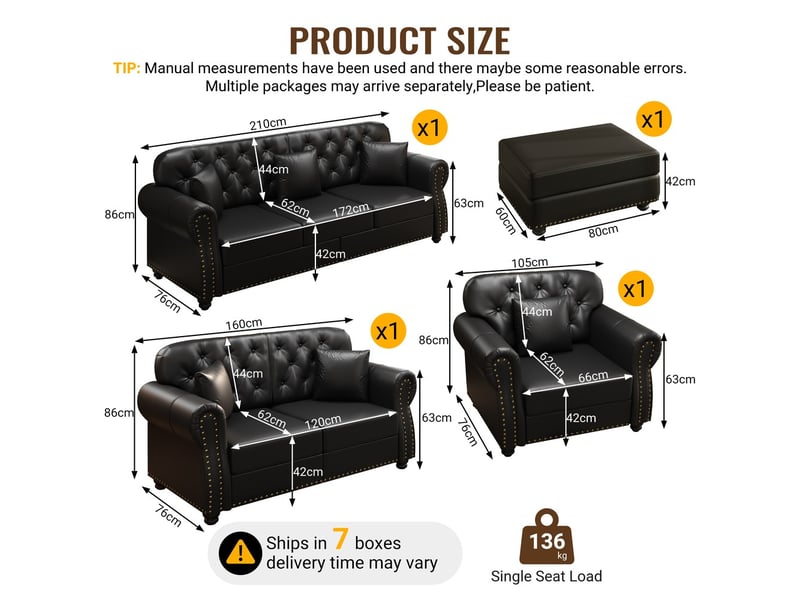  Canapé droit noir en simili, 6 places, style chesterfield avec finition boutons et accoudoirs arrondis  - Conforama C
