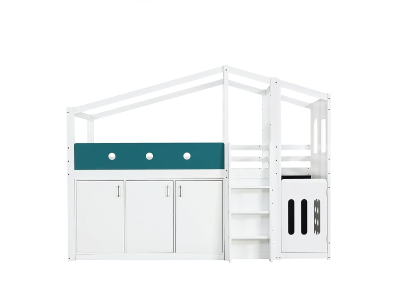  Lit mi-hauteur enfant 90x200 bas maison - lit cabane 1 place avec armoire, échelle sécurité et tableau - blanc  - Conforama A