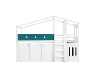 Lit mi-hauteur enfant 90x200 bas maison - lit cabane 1 place avec armoire, échelle sécurité et tableau - blanc