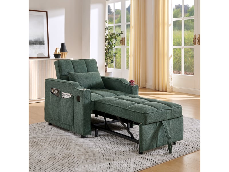 Canapé convertible, canapé-lit, vert, poches latérales, porte-gobelets, dossier inclinable 3 positions, 3 en 1, 190 cm, usb - Conforama R
