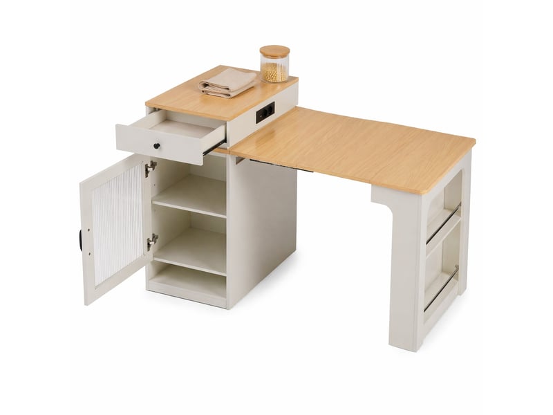  Îlot de cuisine à roulettes avec table extensible et prises, blanc et naturel  - Conforama A