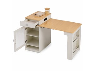 Îlot de cuisine à roulettes avec table extensible et prises, blanc et naturel