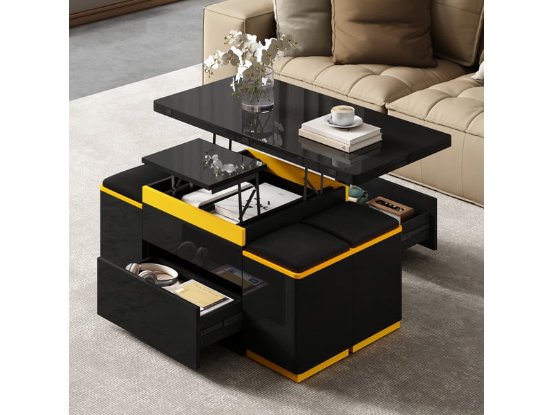  Table basse 100x50x43 cm relevable et dépliable, rangements et 4 poufs coffres, mdf et panneaux de particules, noir et jaune ABC - Conforama B