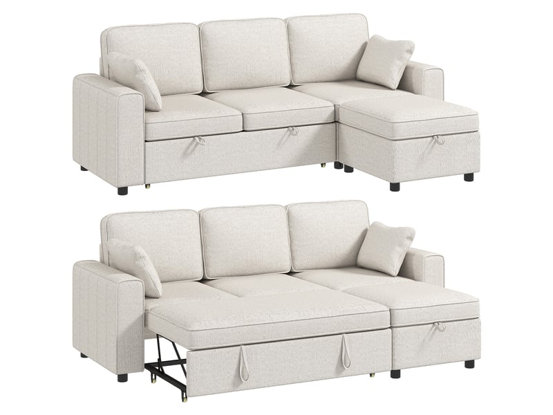  Canapé d'angle convertible 3 places en chenille avec pouf beige 225x147x90 cm  - Conforama A