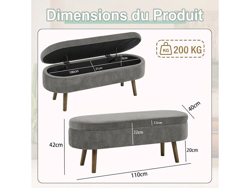  Banc de rangement gris foncé 110 cm en tissu chenille avec coffre et pieds en bois  - Conforama C