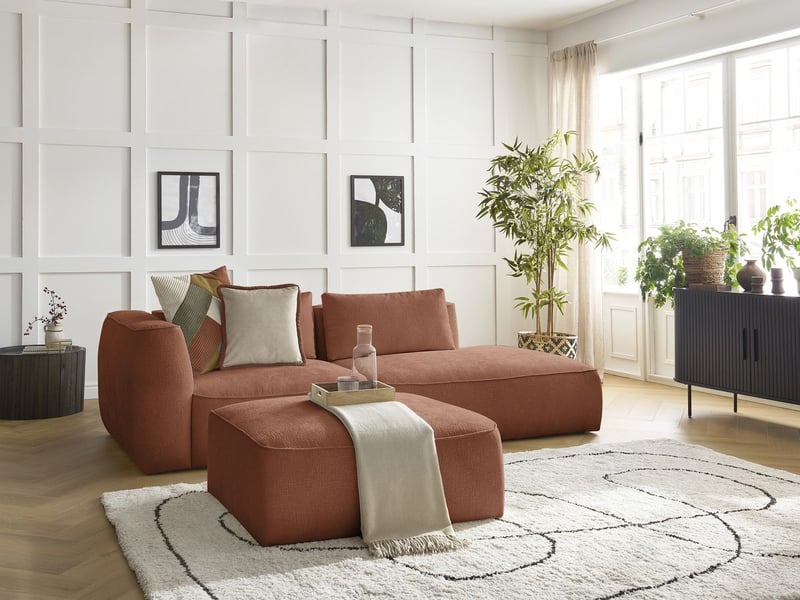  Bobochic canapé droit fixe 3 places leopold tissu texturé avec pouf orange  accoudoir gauche LEOPOLD - Conforama B