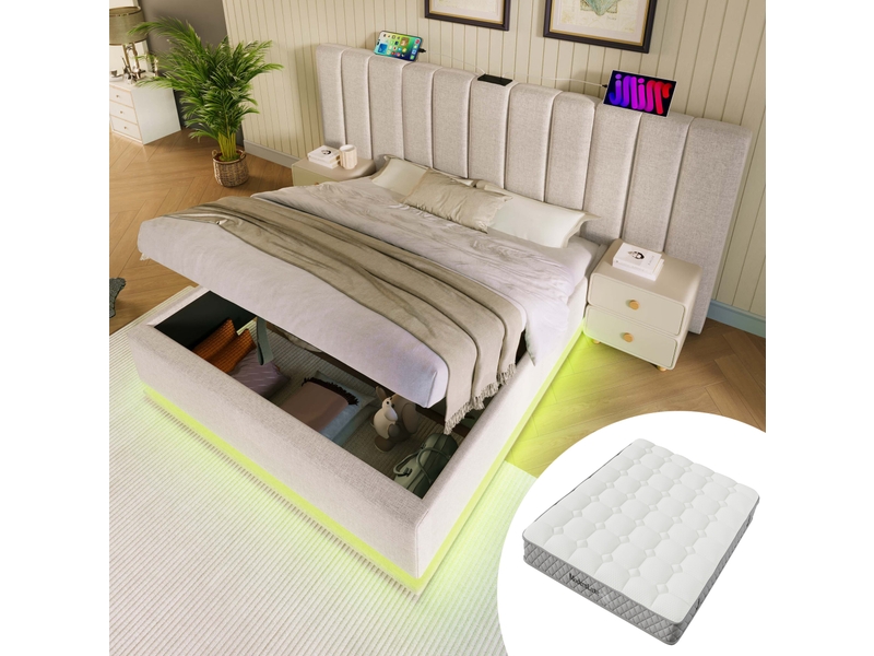 Lit coffre 180×200 cm avec led et ports usb, lin, beige, avec matelas - Conforama B