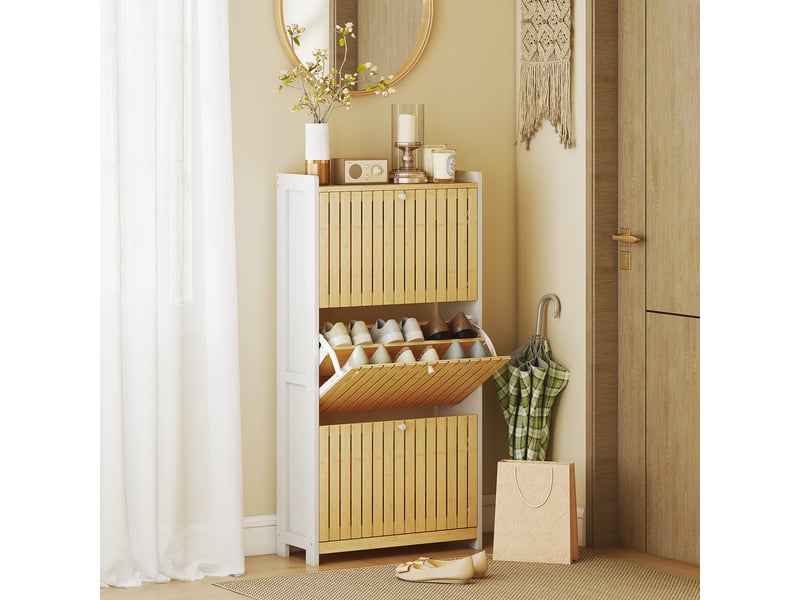  Meuble à chaussures 18 paires avec 3 tiroirs rabattables, portes en bambou à lattes, blanc et bois naturel, 60x24x118cm  - Conforama D