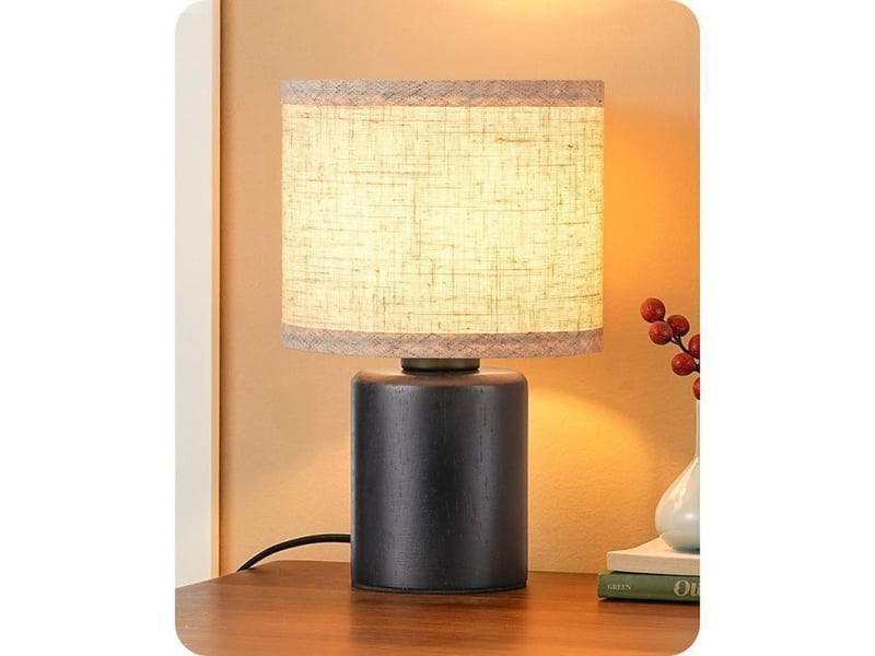  Lampe de table led 30 cm pied bois noir abat-jour lin beige ampoule e27 4w blanc chaud 2700k 370618_AADAA21761_6_DROPFR - Conforama A